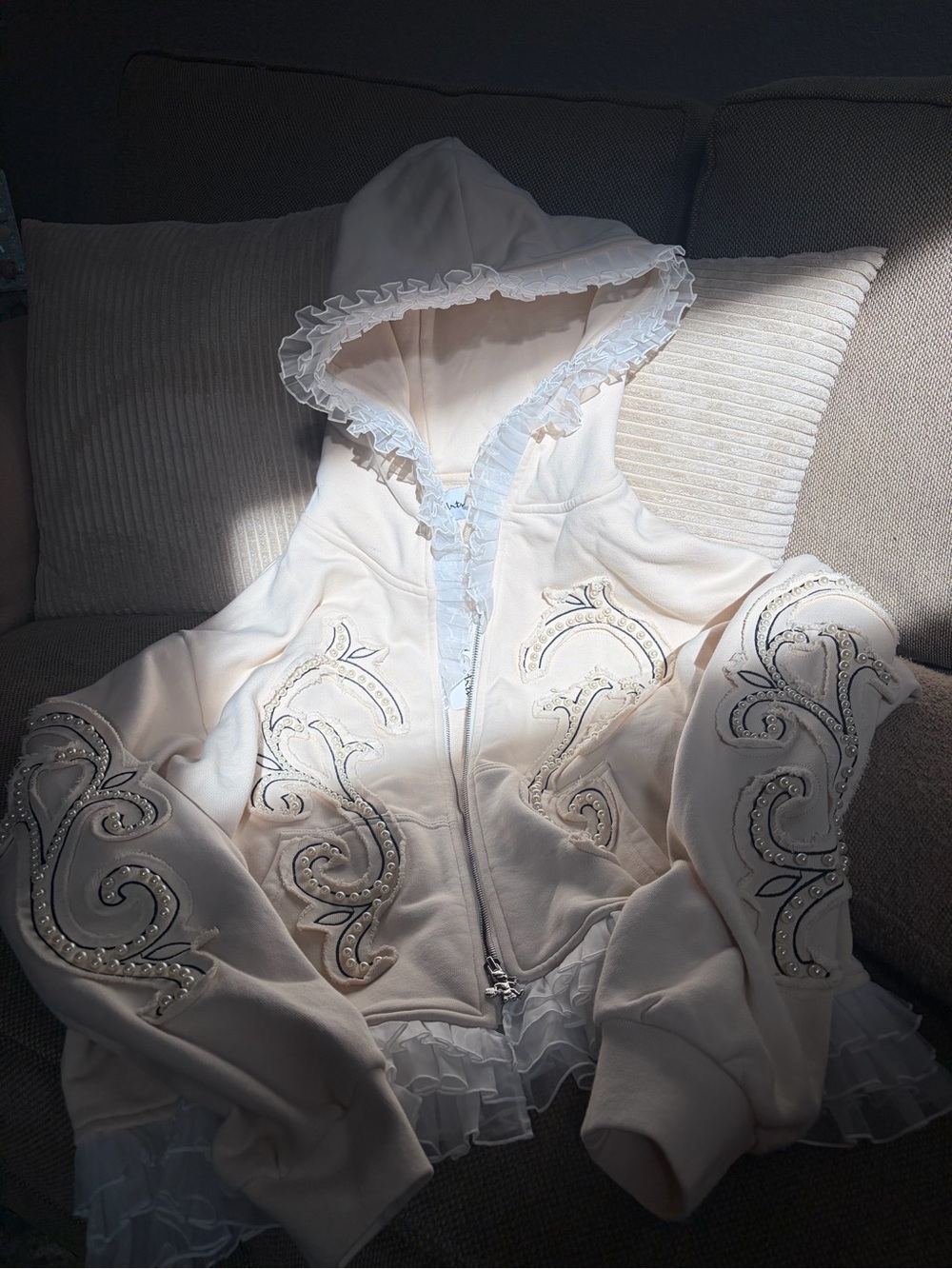 Embellished Cream Hooded Bomber Jacket with Ruffle Trim